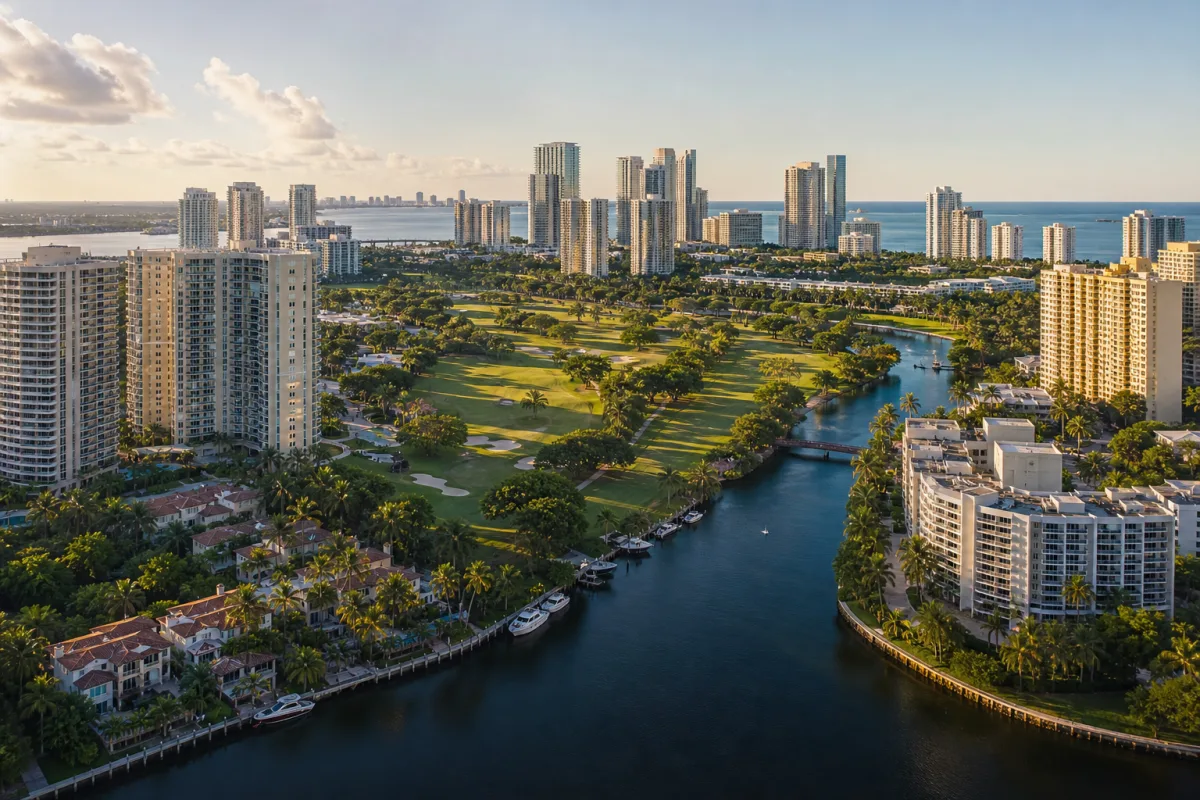 Aerial view of Aventura residential towers, landscaped golf course, waterways, and the Intracoastal