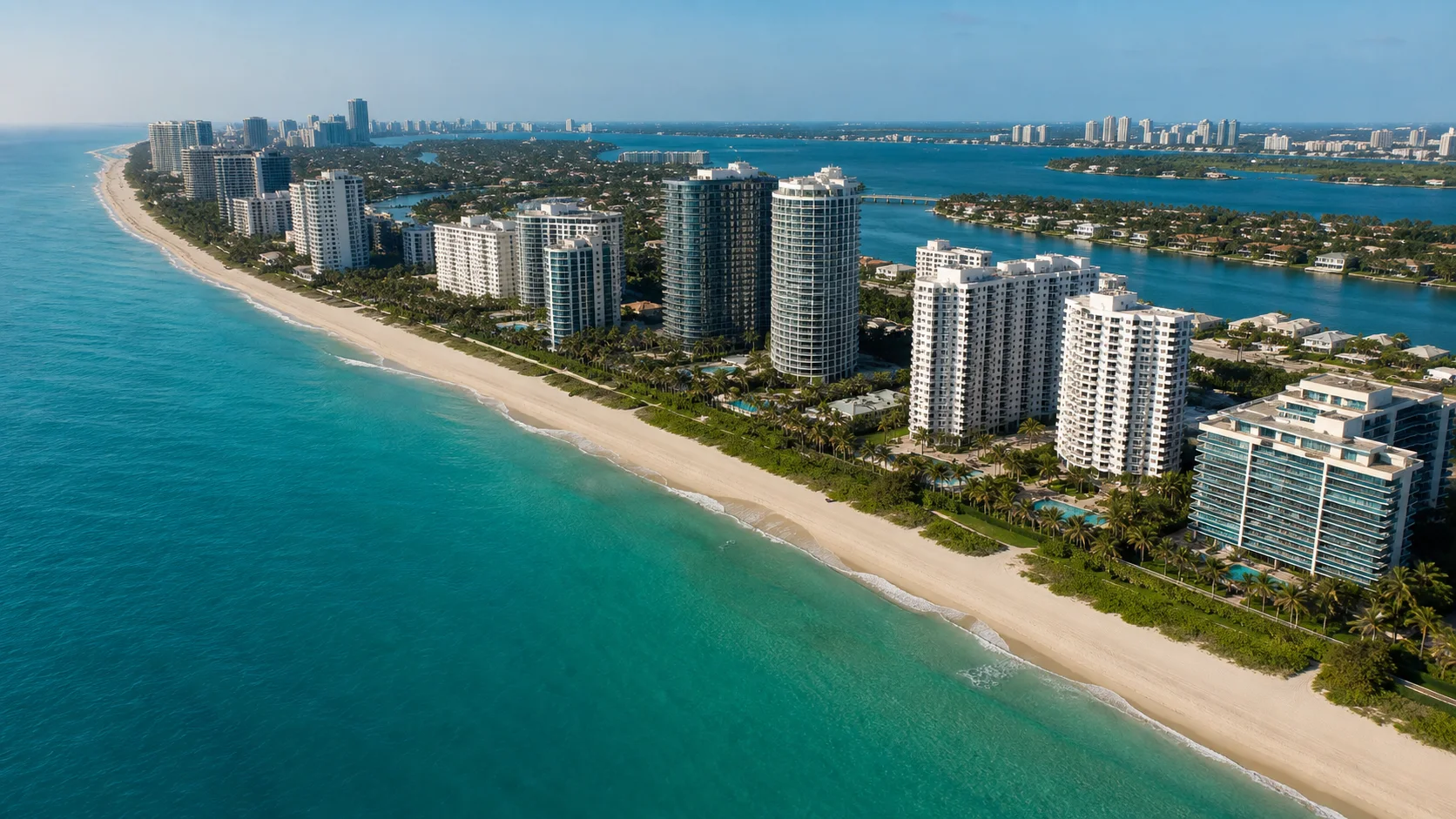 Aerial view of the Bal Harbour oceanfront, beach, luxury condominium towers, and Intracoastal Waterway