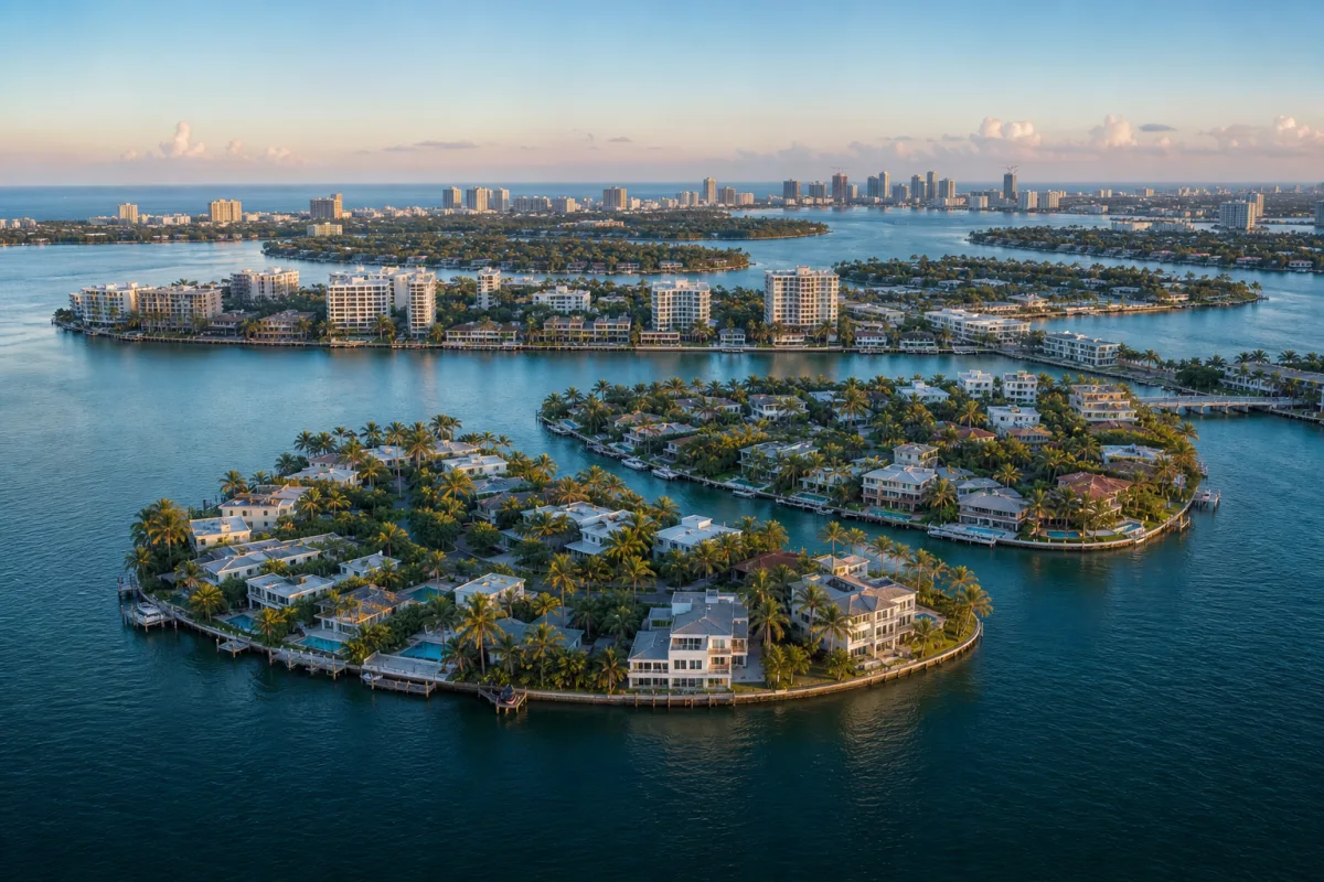 Aerial view of Bay Harbor Islands waterfront homes, condominium residences, bridges, and Biscayne Bay