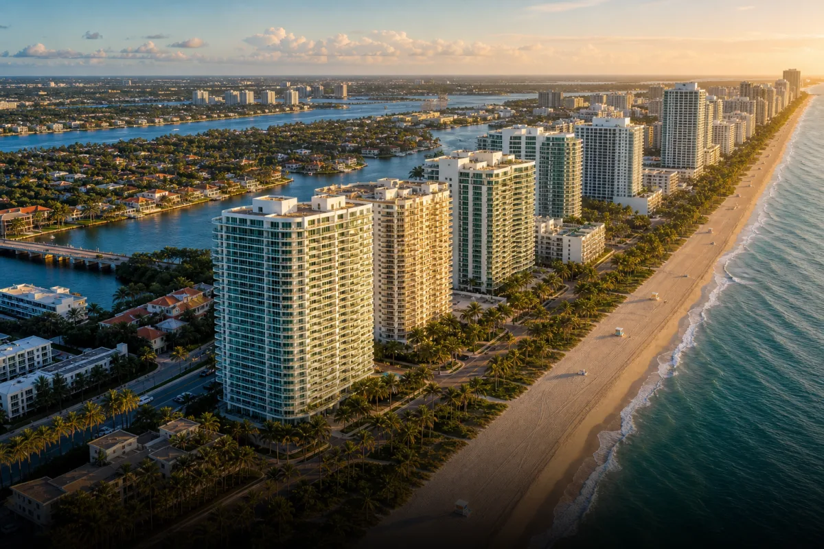Aerial view of Hallandale Beach oceanfront residences, sandy shoreline, waterways, and nearby neighborhoods