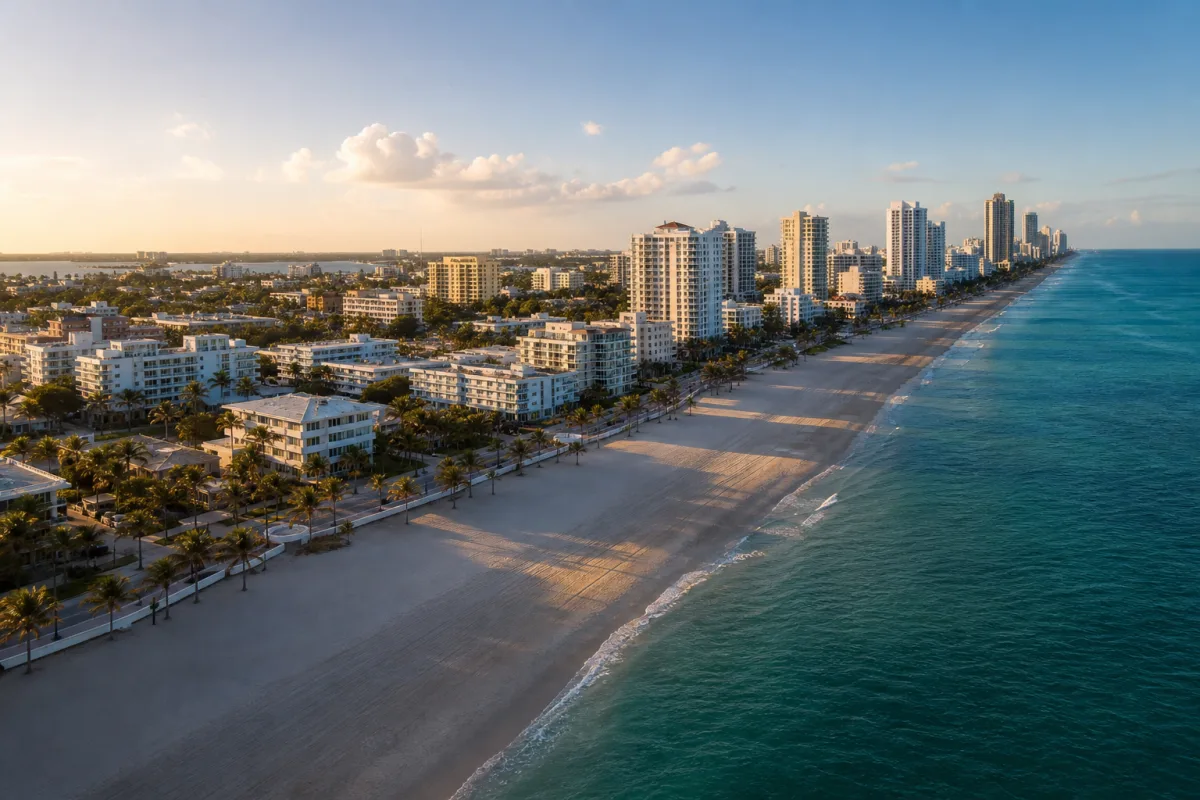 Aerial view of Hollywood Beach, the Atlantic Ocean, beachfront promenade, palms, and coastal residences