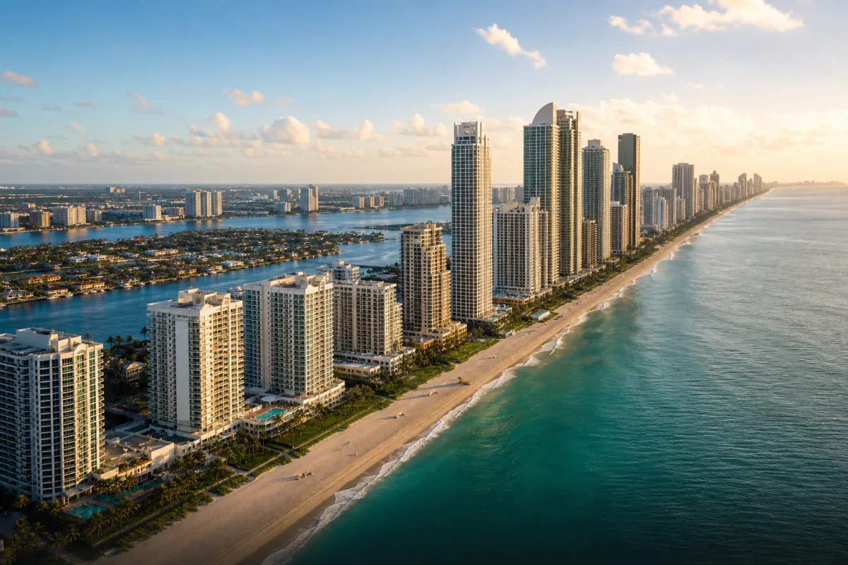 Aerial view of Sunny Isles Beach oceanfront towers, sandy beach, Atlantic Ocean, and Intracoastal Waterway